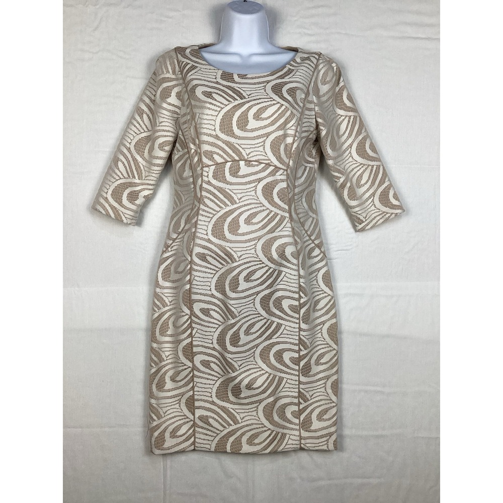 Antonio Melani Ivory & Tan 3/4 Sleeve Round Neck Lace‎ Dress Women's Size 4